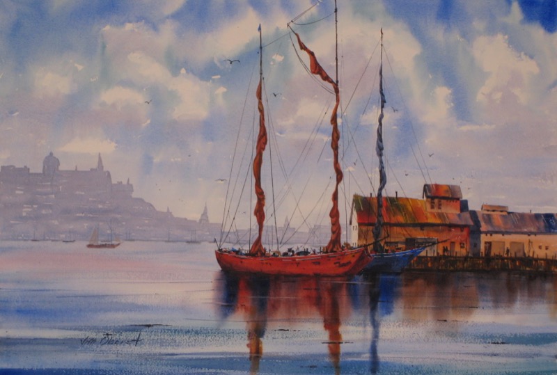 seascape, landscape, boat, sailboat, city, wharf, dock, original watercolor painting, oberst